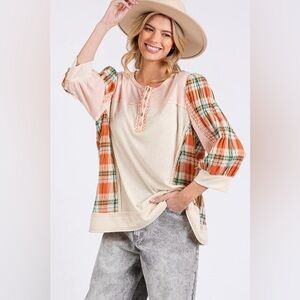 SAGE + FIG Exposed Seam Button Detail Plaid Top